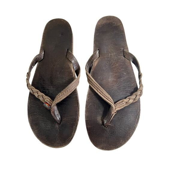 Rainbow Braided Thong Brown Leather Sandals Flip-Flops sz L (7.5-8.5) - Picture 1 of 7